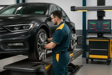 Mecânico realizando alinhamento de rodas em um carro em Palhoça.