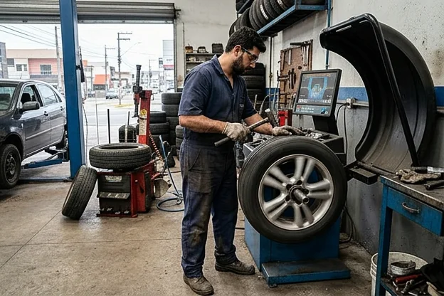 Técnico fazendo balanceamento de rodas em uma borracharia em Palhoça.